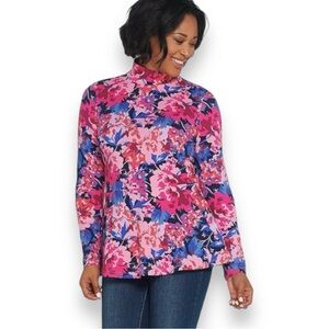 Isaac Mizrahi Live Peony Bouquet Print Mock Neck Peplum Top